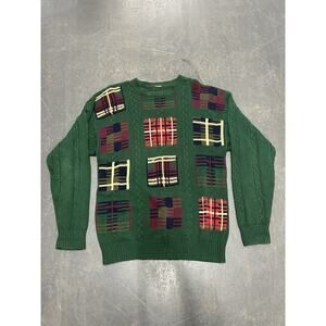 Cable Knit Christmas Sweater Forest Green Geometric Checked Crew Neck Mens Large